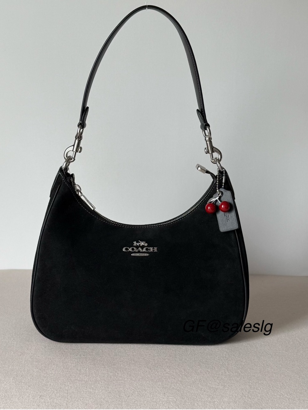 NWT Coach Teri Hobo Shoulder Bag Black Suede Silver Hardware Cherry Charm CCZ88